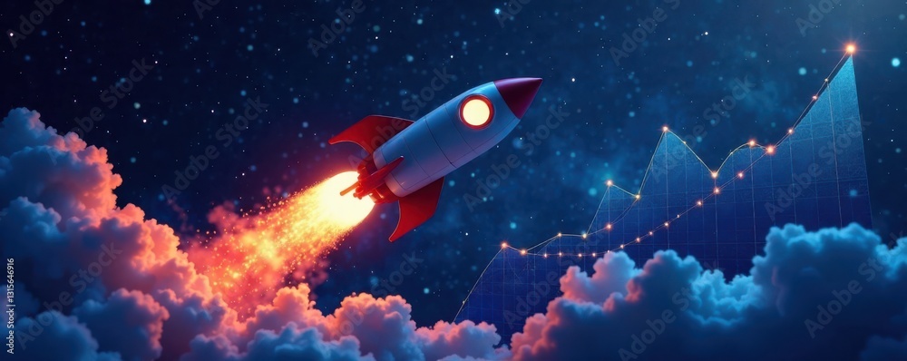 Fototapeta premium A rocket soaring through space with a futuristic chart on a dark blue background , finance, innovation, technology