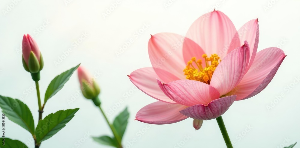 Fototapeta premium Delicate flower petals unfolding on white background, greenery, petals, flora