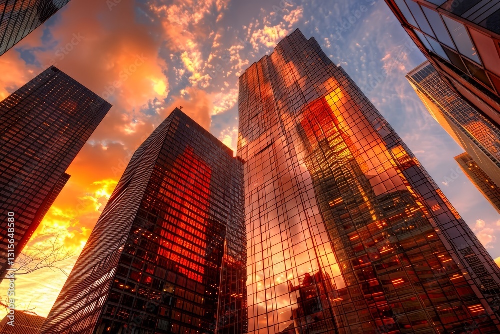 Obraz premium A low angle view of tall skyscrapers reflecting the colorful orange and pink hues of a setting sun, Towering skyscrapers reflecting the setting sun's warm hues
