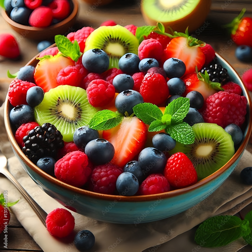Obraz premium Fresh fruit salad in a bowl on a marble table viewed from the front