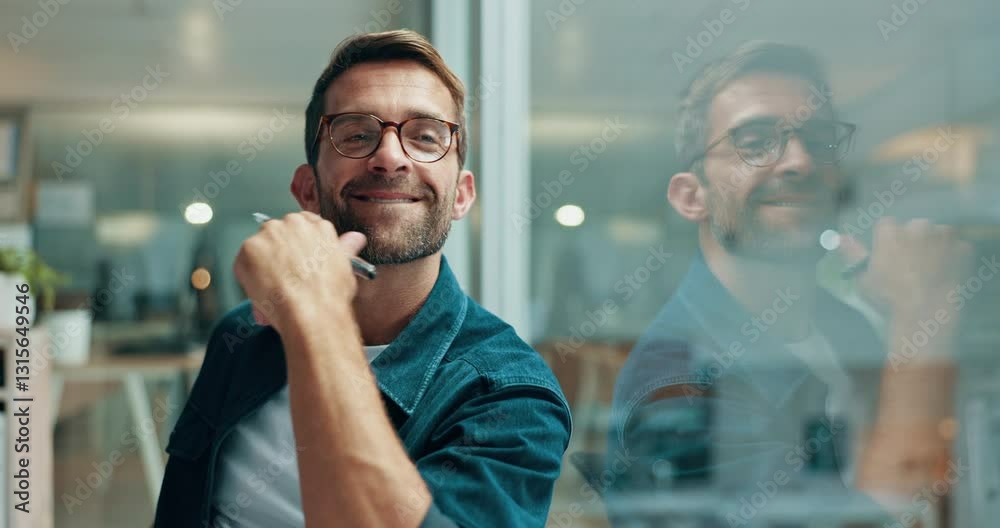 Office, thinking and man with ideas, smile and planning for creative problem solving or choice. Startup, reflection and web designer daydreaming for business growth, inspiration or opportunity