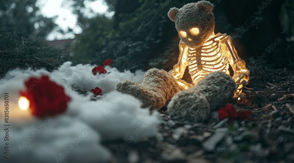 Fototapeta premium Glowing Skeleton Teddy Bear in Misty Cloudscape
