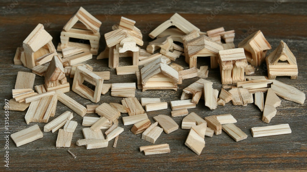 Wooden house blocks scattered on table, construction debris Wooden house blocks scattered on table, construction debris