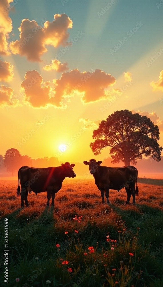 Cattle grazing under open sky with silhouettes of trees , farm, silhouette, cattle Cattle grazing under open sky with silhouettes of trees , farm, silhouette, cattle