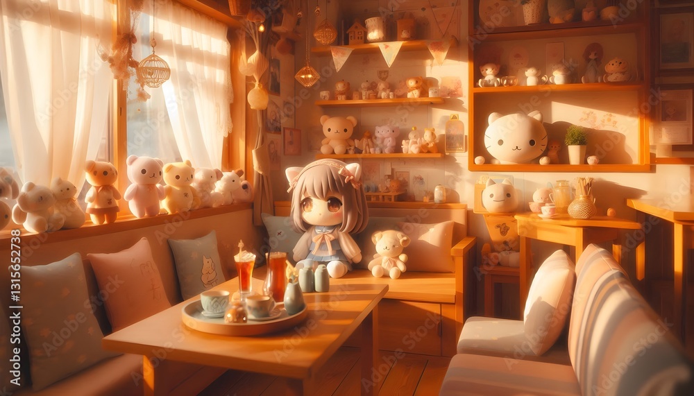 Fototapeta premium Inviting anime-style cafe with cute decorations and slice of life atmosphere