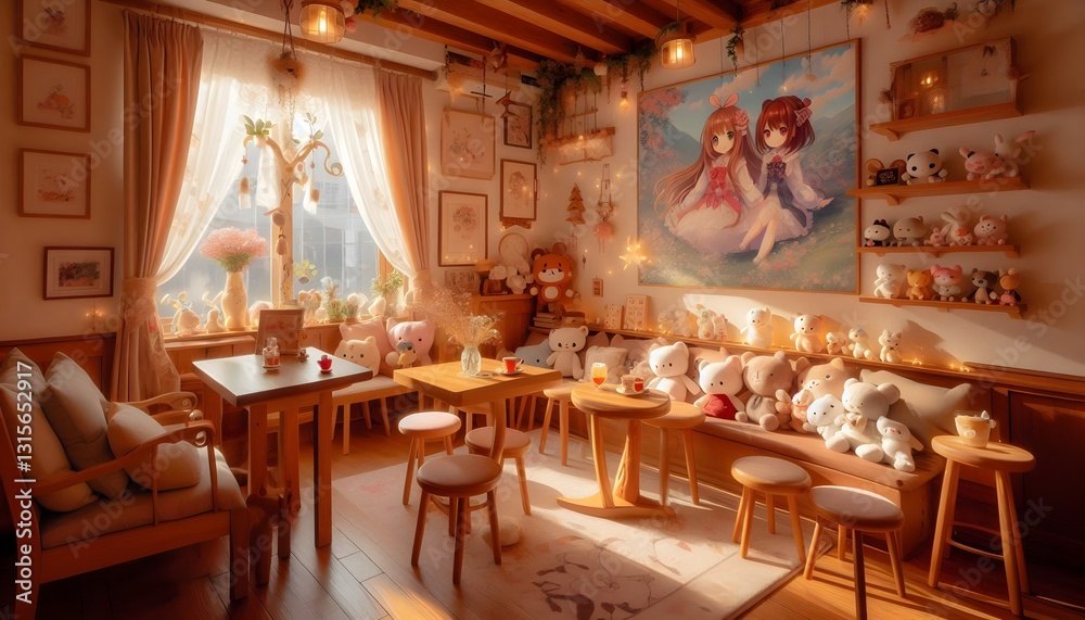 Fototapeta premium Warm anime cafe interior with soft lighting and charming wooden furniture