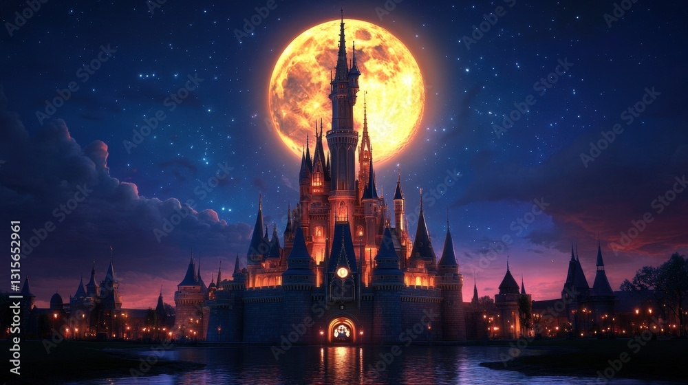Fototapeta premium A grand castle with spires reaching into the sky, illuminated by a glowing full moon