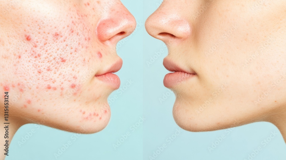Obraz premium A image depicting the effects of skincare on acne, showing a woman with facial blemishes on the left and clearer skin on the right.
