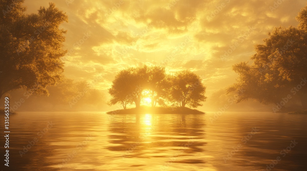 Golden Hour Serenity: Misty Lake Sunset with Island Trees Golden Hour Serenity: Misty Lake Sunset with Island Trees