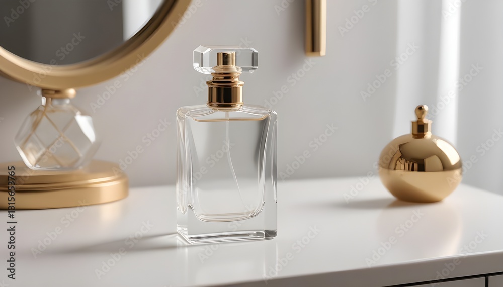 A mockup of a blank glass perfume bottle, placed on a vanity table A mockup of a blank glass perfume bottle, placed on a vanity table