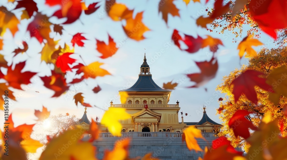 Obraz premium Golden Autumn Mansion Fall Leaves Architecture Scenic View