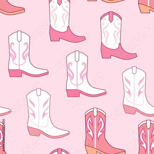 Seamless Pattern of Pink and White retro cowgirl boots. Background with pink cowboy fashion boots.