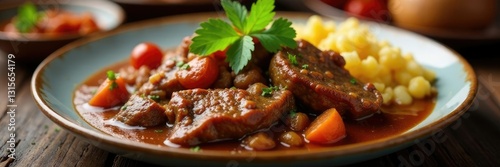 Hearty beef stew with crispy farofa on a plate, churrasco, meatlovers photo