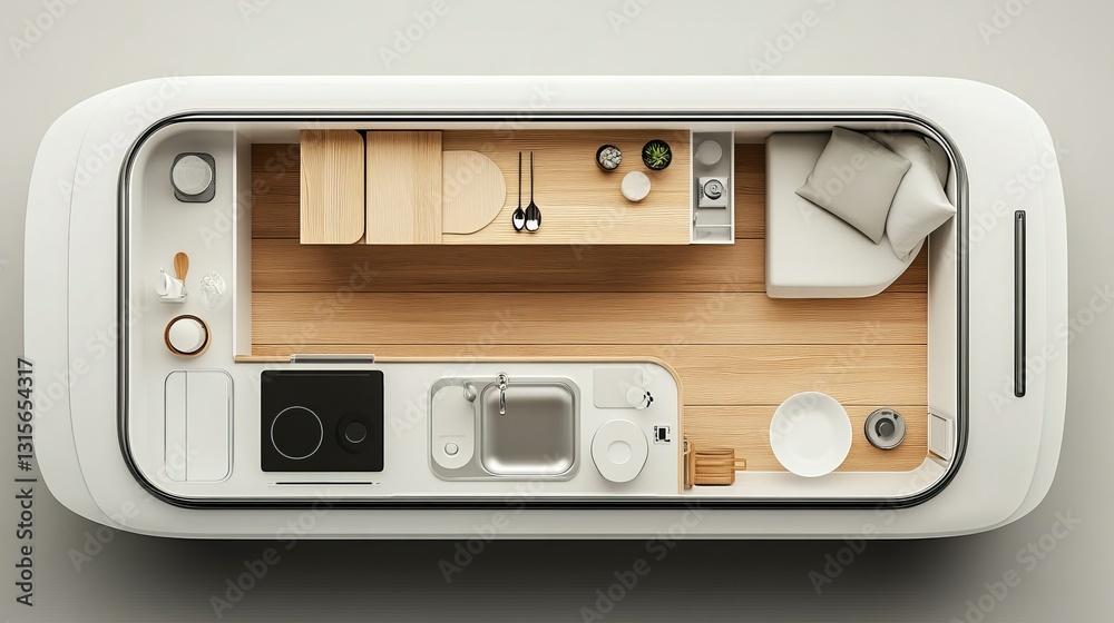 Fototapeta premium Cozy Small House Interior Featuring Comfortable Bed and Functional Desk in Warm Inviting Atmosphere