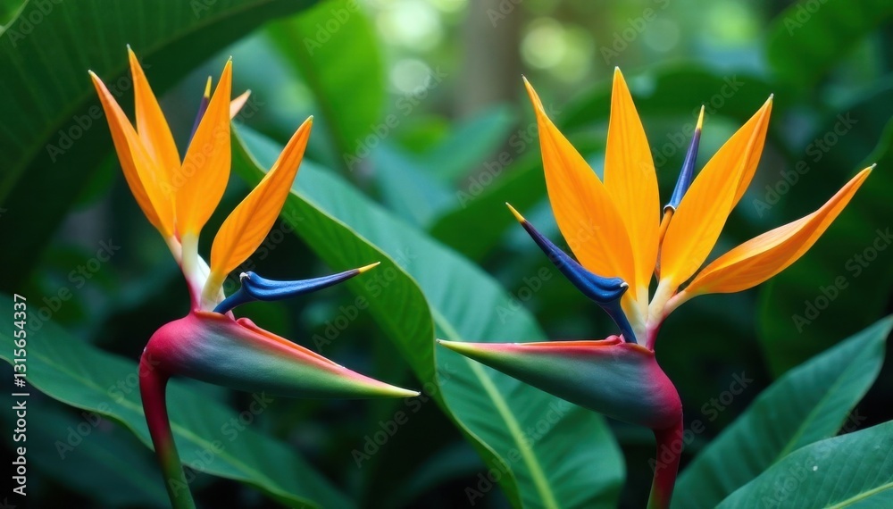 Obraz premium Colorful heliconia flowers amidst lush tropical leaf canopies, flowers, heliconia, nature