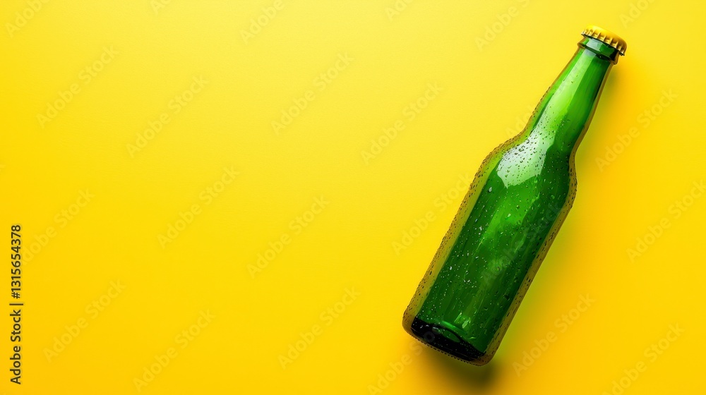 Fototapeta premium Green beer bottle on a yellow background with copy space