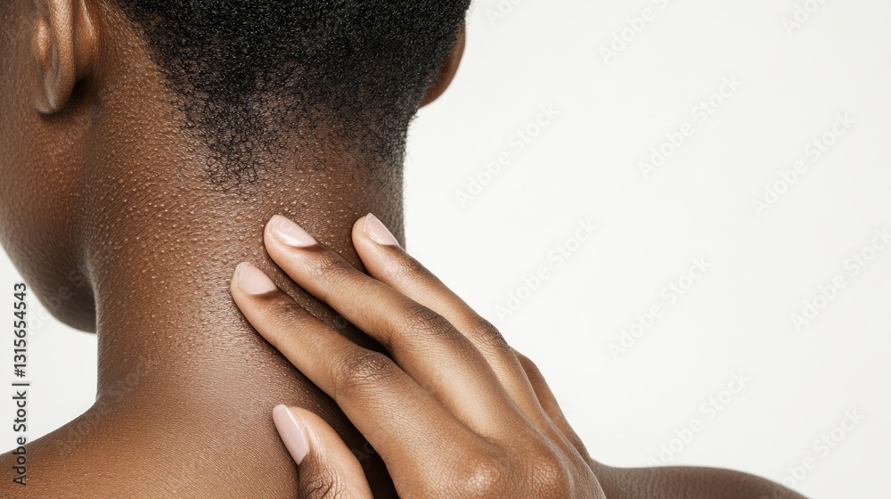 Fototapeta premium A woman in her 30s in a clean studio environment with a white backdrop showing her back with skin imperfections, such as visible pores and small blemishes, but overall healthy and well-hydrated.