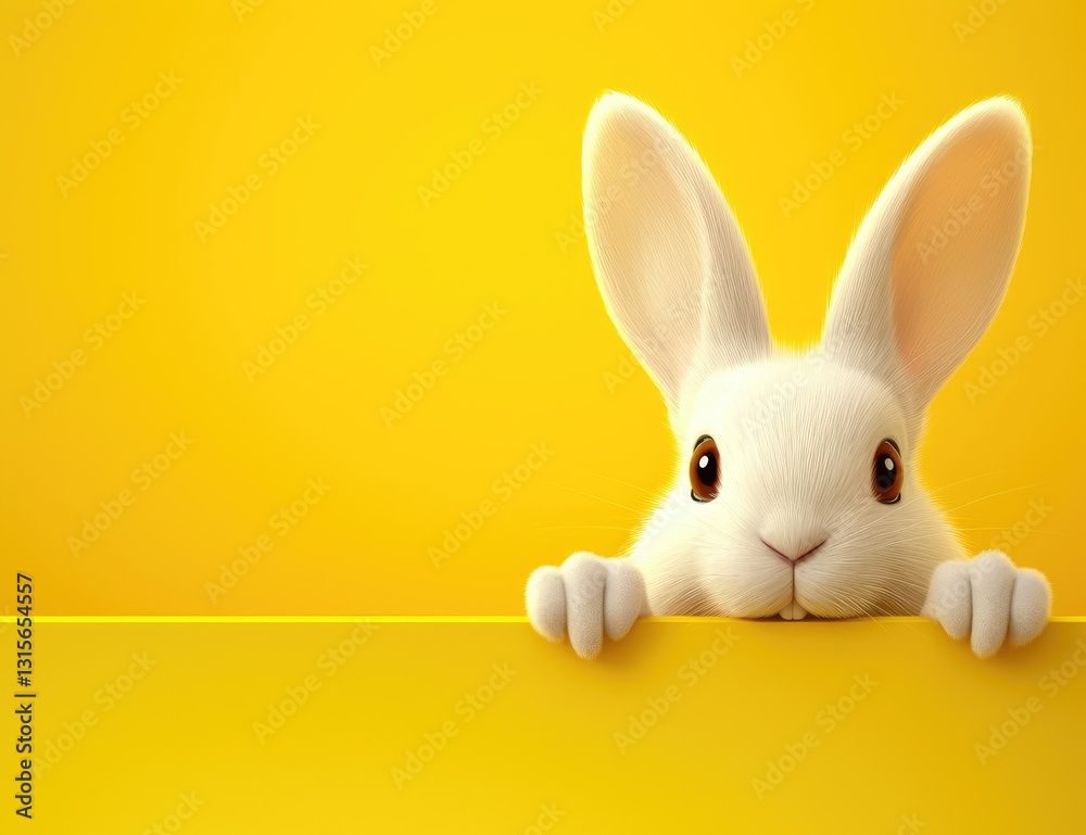 Obraz premium White rabbit peeking out from behind a blank poster on a yellow background suitable for advertising or promotion.