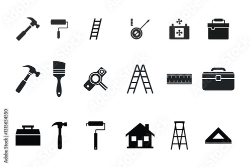 Black and white vector icons representing home renovation and construction tools, including hammers, paint rollers, ladders, toolboxes, rulers, and brushes