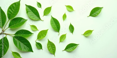 Wallpaper Mural lush green leaves scattered on a white surface, isolated, white background, nature photography Torontodigital.ca