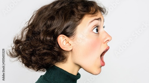 Young woman with dark hair making extremely shocked face side profile has all white background copy space.