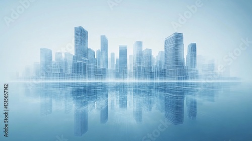 Abstract wireframe city skyline in pale blue with a mirrored surface reflection effect