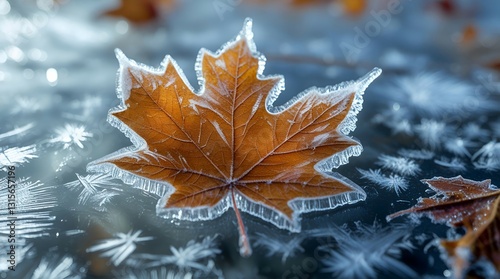 Autumn leaves encased in delicate ice patterns photo
