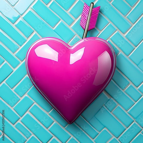 Glossy Pink Heart with Arrow on Teal Tile Background