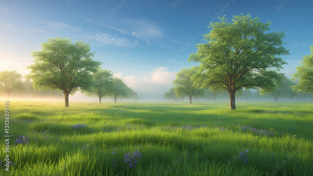 Fototapeta premium Landscape with green grass and blue sky