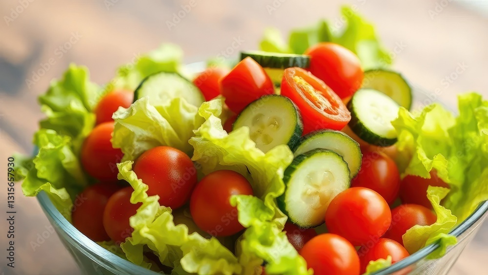 Crisp lettuce leaves with cherry tomatoes and cucumbers piled high in a small glass dish, glass container, lunch Crisp lettuce leaves with cherry tomatoes and cucumbers piled high in a small glass dish, glass container, lunch