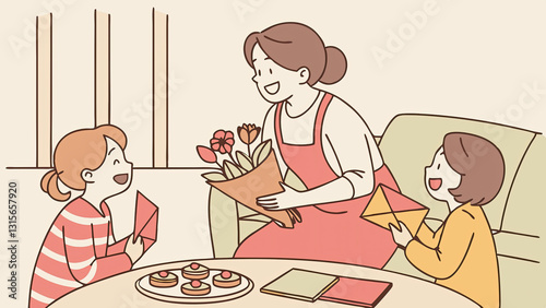 A joyful Mother’s Day celebration in the living room with homemade cards, bouquets, and desserts, surrounded by family, laughter, and love, highlighting the joy of togetherness and family bonding.