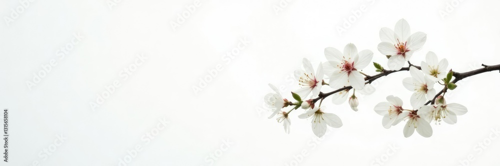 Obraz premium Delicate branches with thin leaves and a few buds on white background, branch, foliage, minimalist