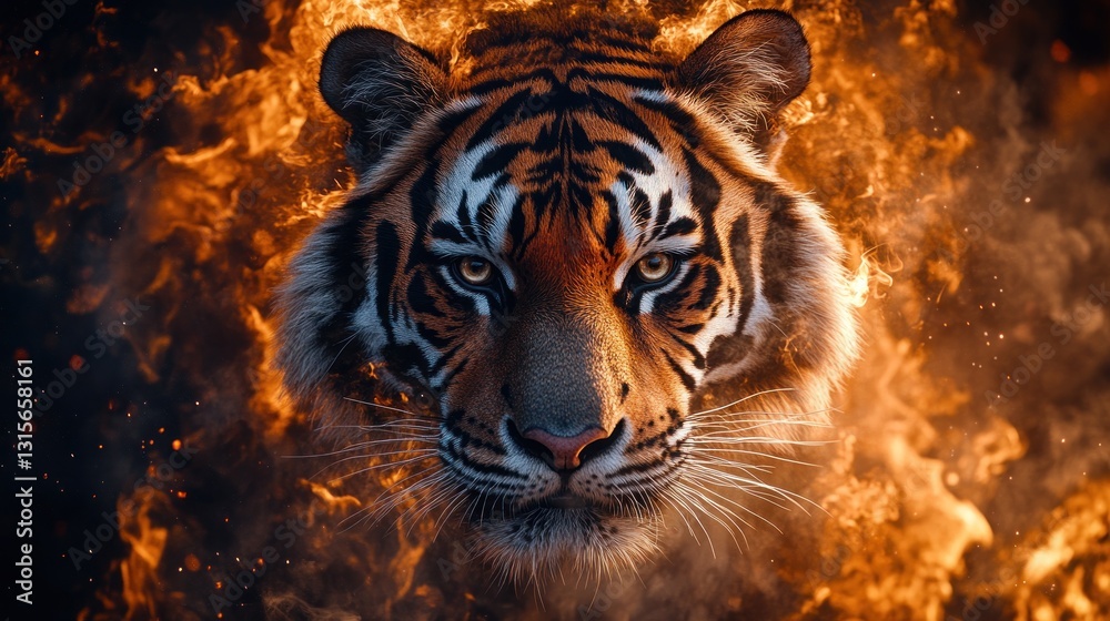Fototapeta premium Fiery Tiger Portrait in Flames