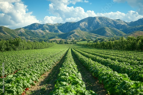 A Vibrant Tomato Field Ascends Towards Majestic Mountains Under a Blue Sky Filled with Billowing White Clouds: A Picturesque Agricultural Landscape.