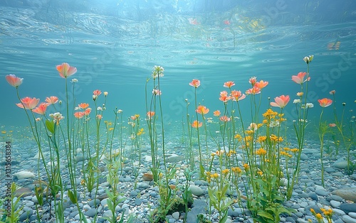 Underwater meadow vibrant wildflowers bloom on a riverbed, sunlight filters through the water, perfect for nature or environmental themes