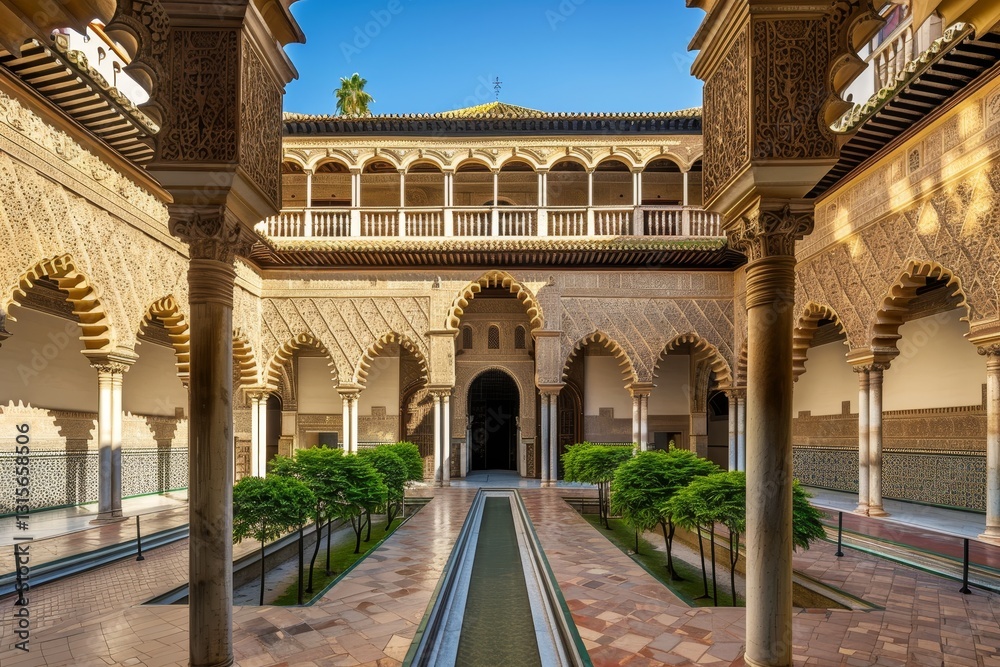 Fototapeta premium A view of the ornate courtyard of the Alcazar of Seville, Spain, showcasing intricate arches and a central water feature, Historic palaces with ornate courtyards and towering gates