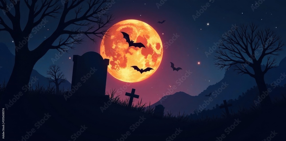 Dark silhouetted bats flying in moonlit graveyard, moonlight, bats, dark silhouette