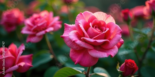 Droplets of dew on the velvety soft rose flowers in a garden bed, dew, garden, droplets