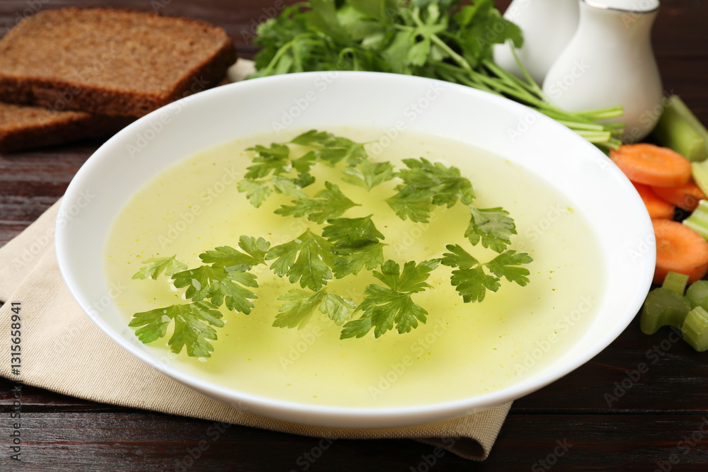 Tasty chicken bouillon with parsley in bowl on wooden table, closeup Tasty chicken bouillon with parsley in bowl on wooden table, closeup