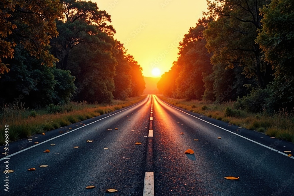 Empty highway at dawn with a few scattered leaves, serene landscape, peaceful atmosphere Empty highway at dawn with a few scattered leaves, serene landscape, peaceful atmosphere
