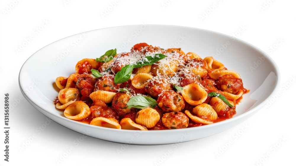 A hearty dish of orecchiette pasta and polpette di manzo, tossed in a vibrant tomato sauce and finished with a sprinkle of parmesan. Neatly arranged on a white plate, isolated on white background A hearty dish of orecchiette pasta and polpette di manzo, tossed in a vibrant tomato sauce and finished with a sprinkle of parmesan. Neatly arranged on a white plate, isolated on white background