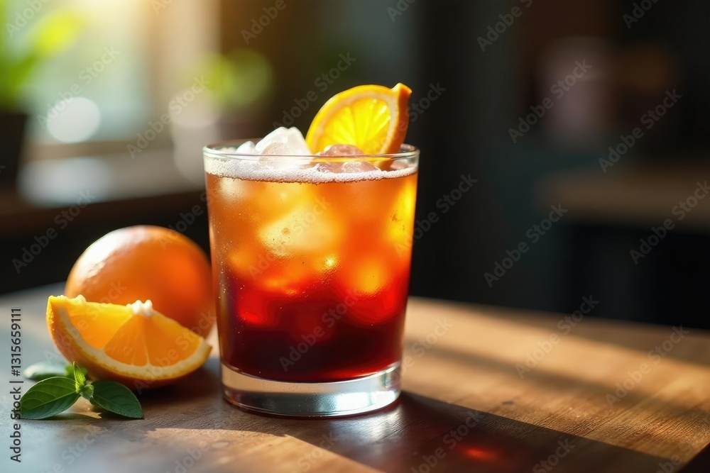 Frosted glass table with ice black orange coffee cocktail, Orange Juice, Wooden Table, Glass Table Frosted glass table with ice black orange coffee cocktail, Orange Juice, Wooden Table, Glass Table