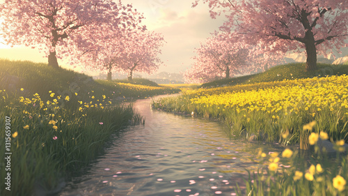小川と桜と菜の花が織りなす春の田園風景