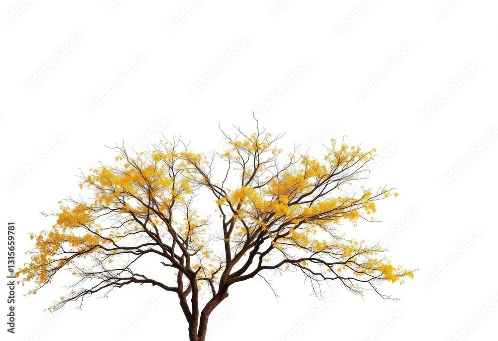 Obraz premium Lone deciduous tree, branches reaching skyward, stark white backdrop, design, landscape