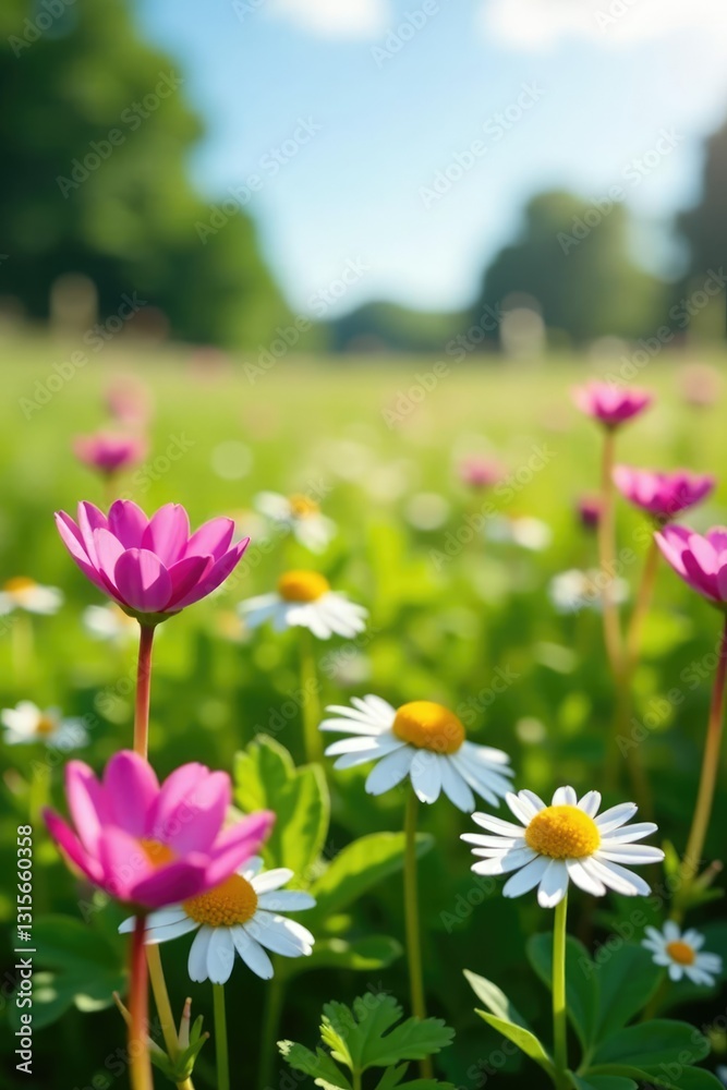 Primula blooms in a sunny meadow with daisies and clover, landscape, wild Primula blooms in a sunny meadow with daisies and clover, landscape, wild