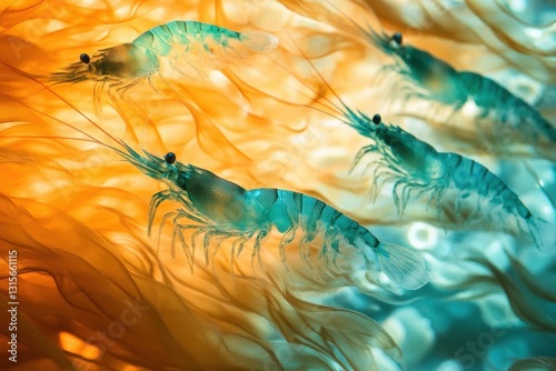 vivid teal shrimp scuttling against a shimmering golden coral background with turquoise currents swirling glowing softly radiating aquatic beauty and calm