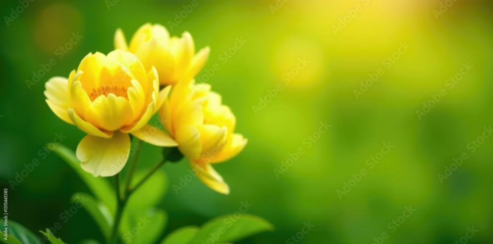 Softly glowing yellow peonies against a bright green background in the early morning, green, foliage Softly glowing yellow peonies against a bright green background in the early morning, green, foliage
