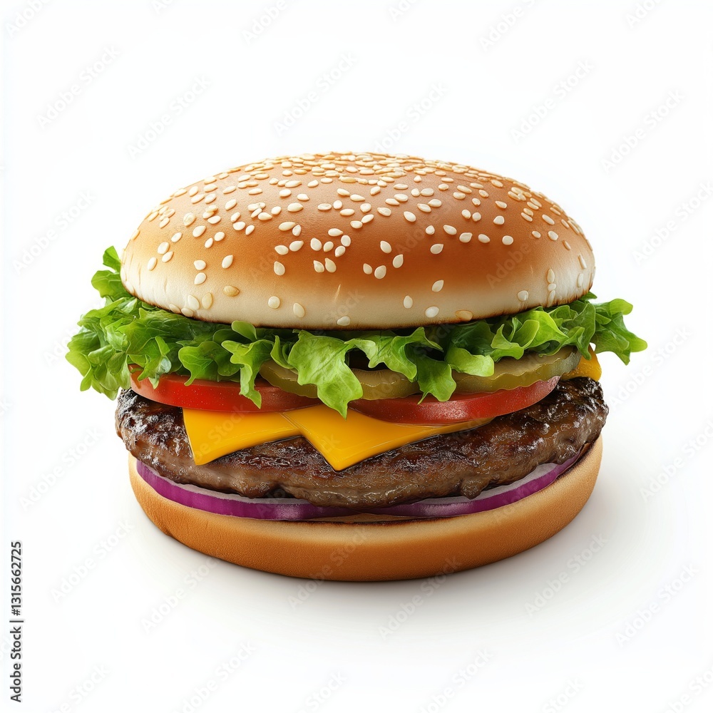 Delicious cheeseburger with fresh lettuce and juicy tomato on sesame seed bun Delicious cheeseburger with fresh lettuce and juicy tomato on sesame seed bun