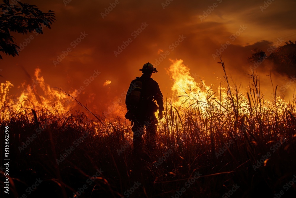 Fototapeta premium Firefighter standing in silhouette against dramatic wildfire flames and smoky background