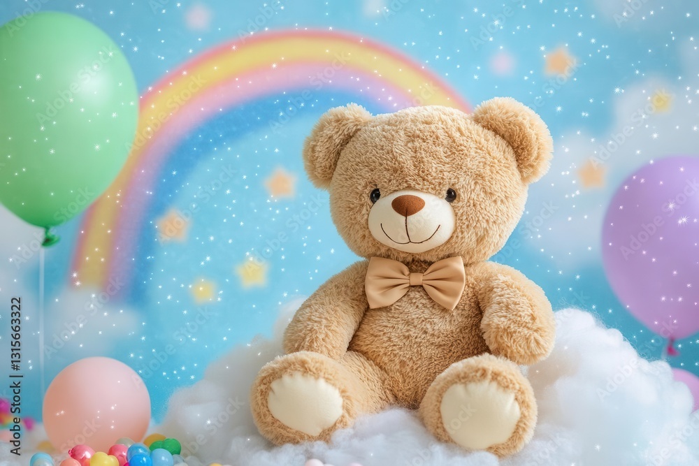 whimsical teddy bear with soft brown fur and bow tie sitting on fluffy cloud vibrant rainbow arching overhead dreamy blue background with twinkling stars and floating pastel balloons whimsical teddy bear with soft brown fur and bow tie sitting on fluffy cloud vibrant rainbow arching overhead dreamy blue background with twinkling stars and floating pastel balloons